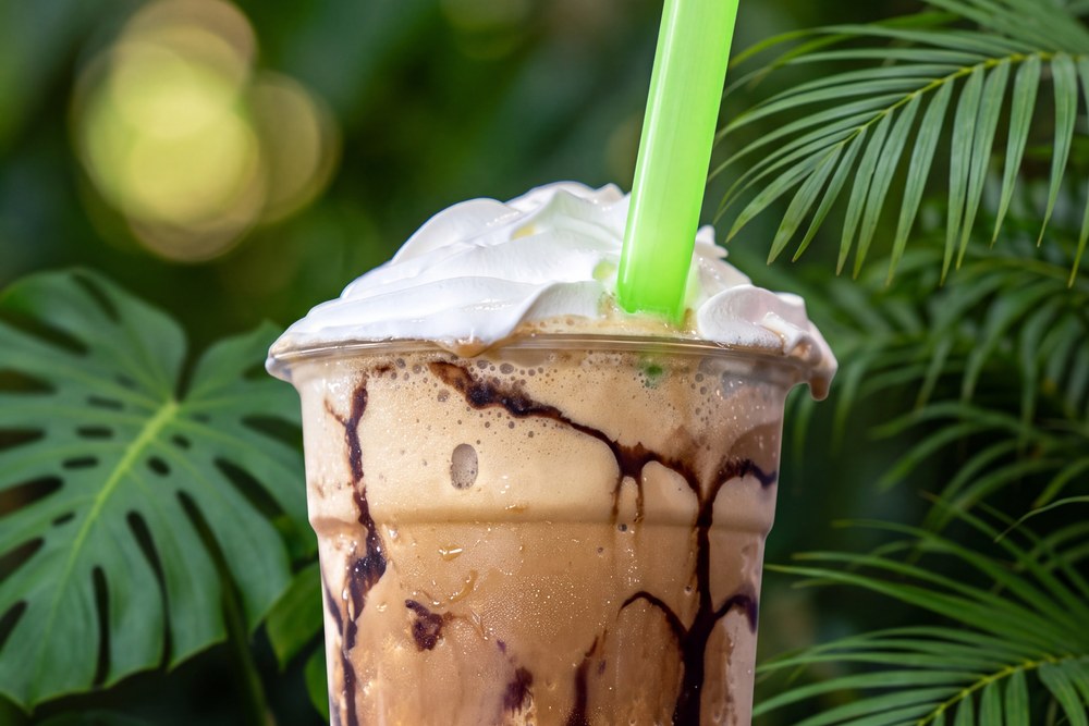 Blended iced mocha with whipped cream and chocolate drizzle at Kava & Company